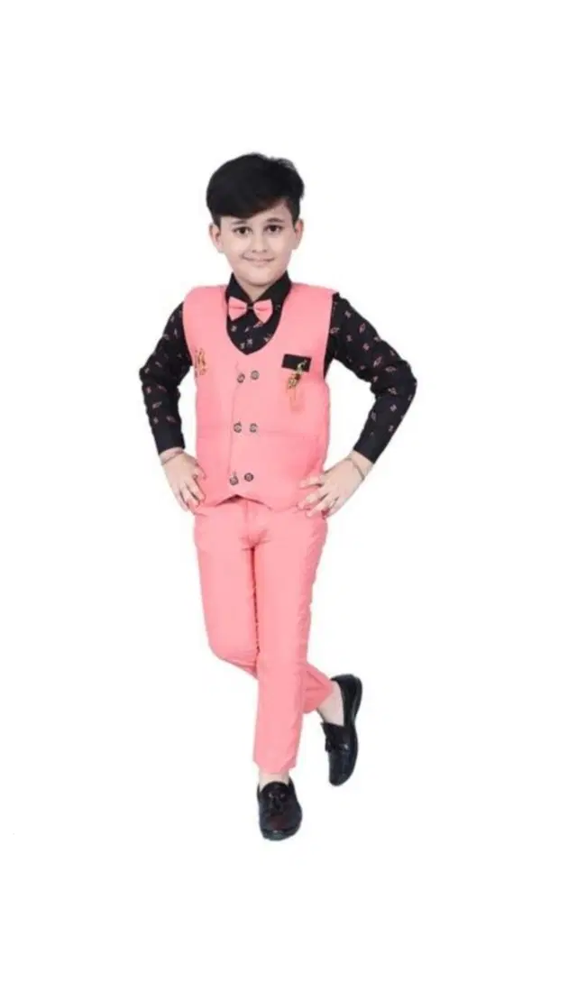 Cotton Ethnic Top with Bottom & Waistcoat Set for Boys (Pink, 9-12 Months)