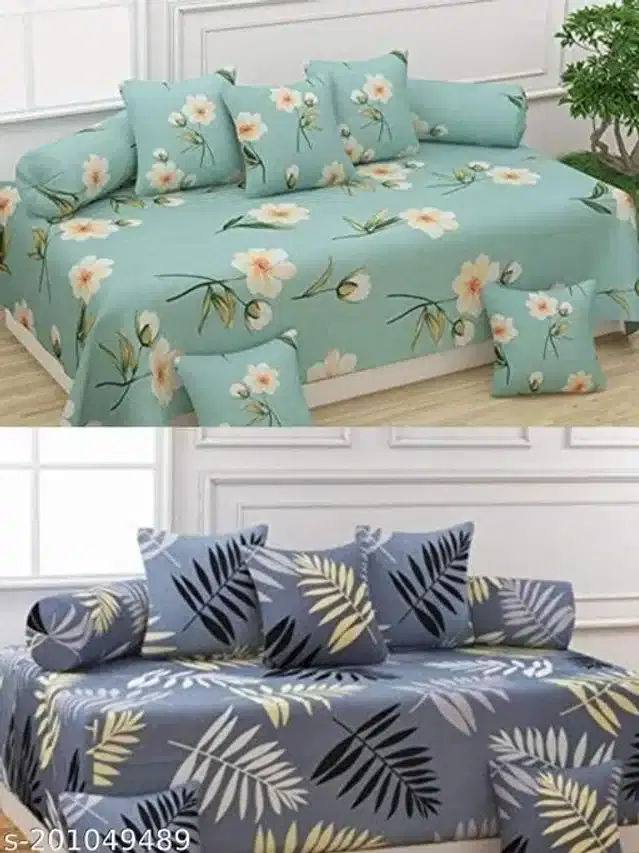 Polycotton Diwan Cover Set, Aqua Green & Grey, Combo of 2