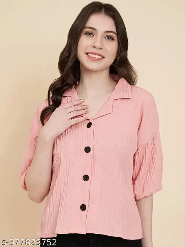 Cotton Blend Solid Shirt for Women (Pink, L)