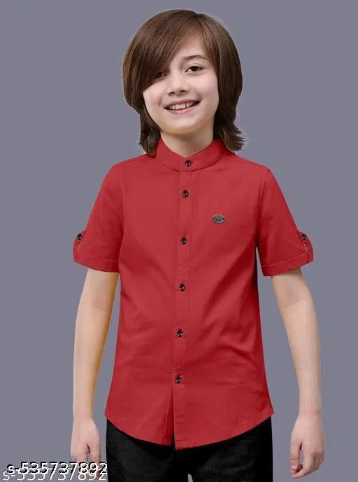 Solid Cotton Blend Mandarin Collar Short Sleeve Shirt for Boys (Red, 8-9 Years)