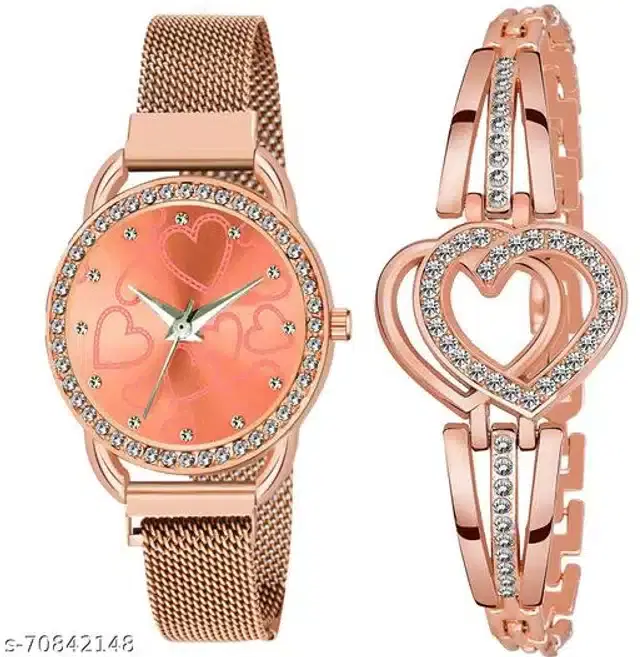 Analog Watch with Bracelet for Women, Set of 2 (Multicolor)