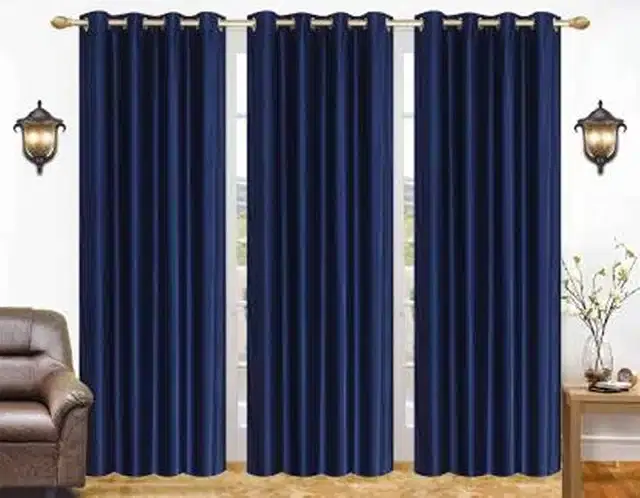 Polyester Solid Door & Window Curtains, Pack of 3, Blue, 7 feet