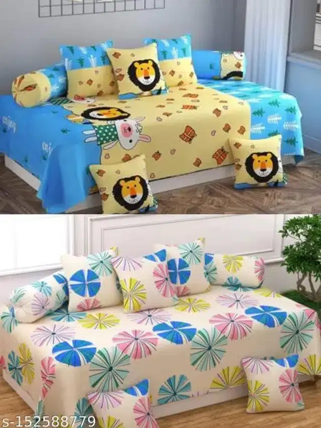 Polycotton Diwan Cover Set, Multicolor, Combo of 2
