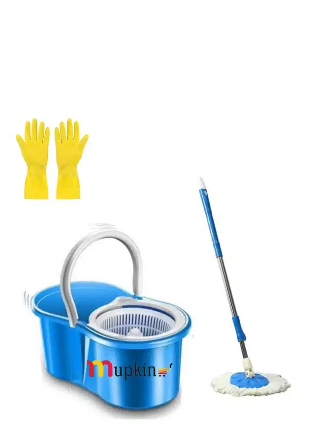 PVC Magic Spin Bucket Mop with Rubber Cleaning Gloves Set, Blue, Set of 2