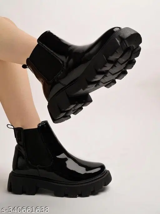 Shoetopia Solid Patent Leather Platform Heel Boots Black (IND-7)
