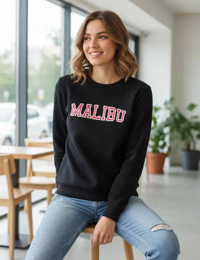 Fleece Printed Hoodie For Women, Black (S)