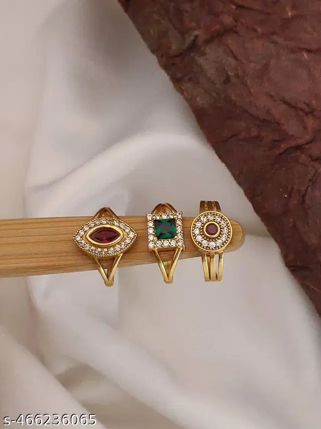 Alloy Gold Plated Ring for Women, Pack of 3 (Gold)