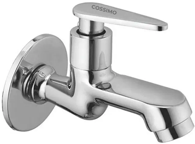 Brass Short Body Bib Cock Tap with Wall Flange, Silver, Set of 1