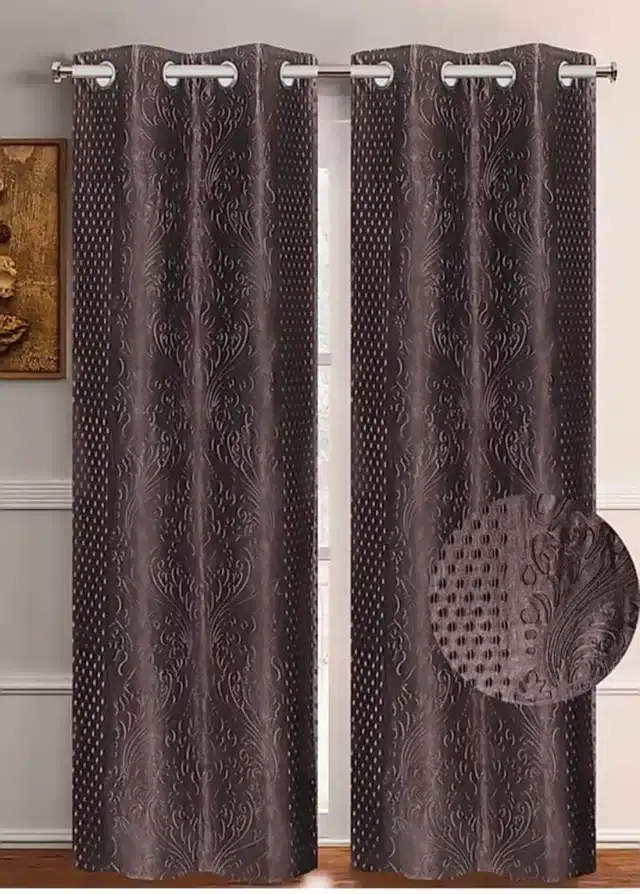 Polyester Embroidered Window & Door Curtains, Pack of 2, Brown, 5 feet