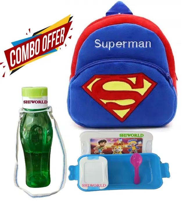 Combo of Fabric School Bag, Water Bottle with Lunch Box for Kids, Multicolor, Set of 3