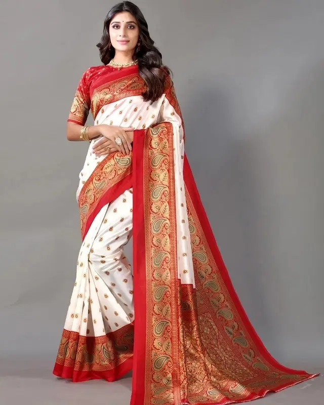 Art Silk Printed Saree for Women (White & Red, 6 m)