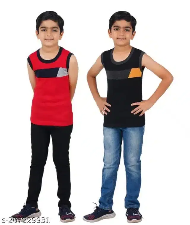 Cotton Vest for Boys, Pack of 2 (Red & Black, 3-4 Years)