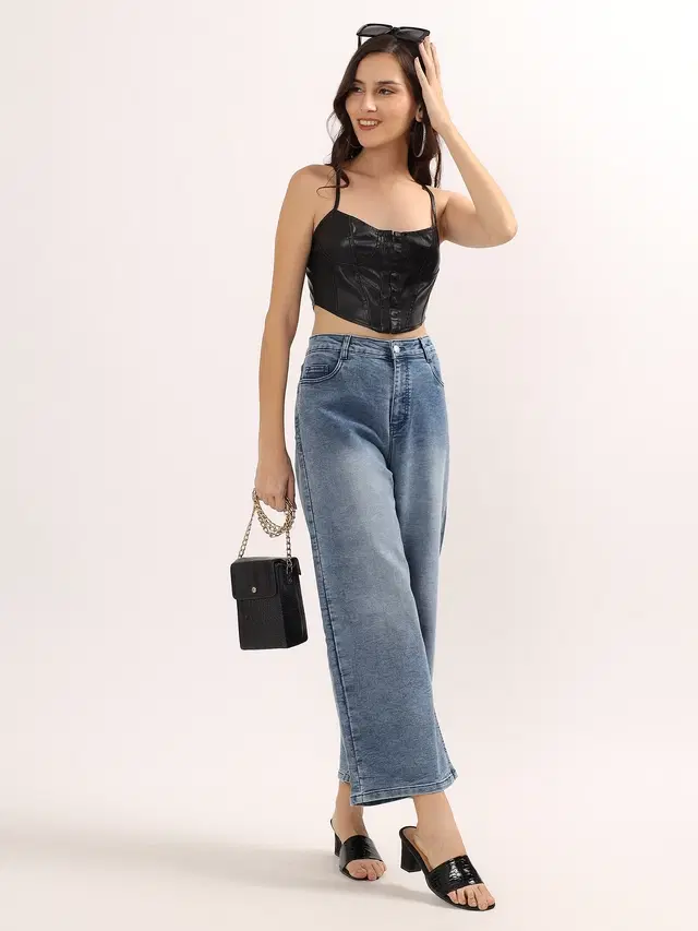 Women's Wide Leg Mid Rise Jeans, Mid Blue 3 (28)