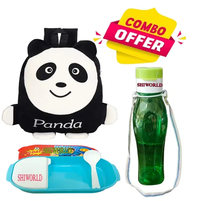 Combo of Fabric School Bag, Water Bottle with Lunch Box for Kids, Multicolor, Set of 3