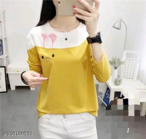 Cotton Blend Printed T-Shirt for Women, Yellow (M)