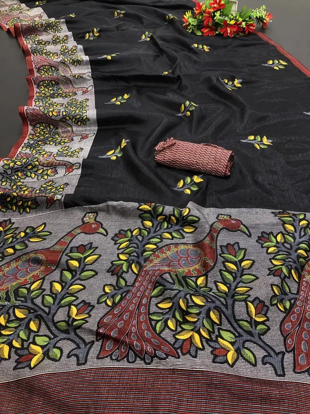 Printed Kalamkari Assam Art Silk Saree with Blouse for Women (Black, Free Size)