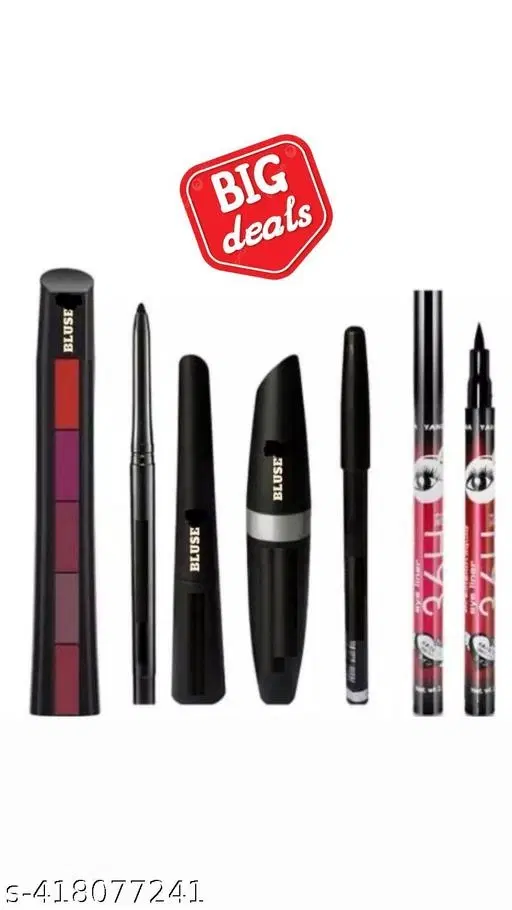 Combo Of 5in1 Red Lipstick With 3in1 Eyeliner Mascara &36h Eyeliner & Kajal