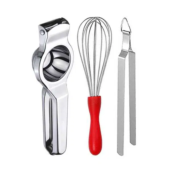 Oc9 Stainless Steel Lemon Squeezer & Egg Whisk & Roti Chimta Kitchen Tool Set, O-18