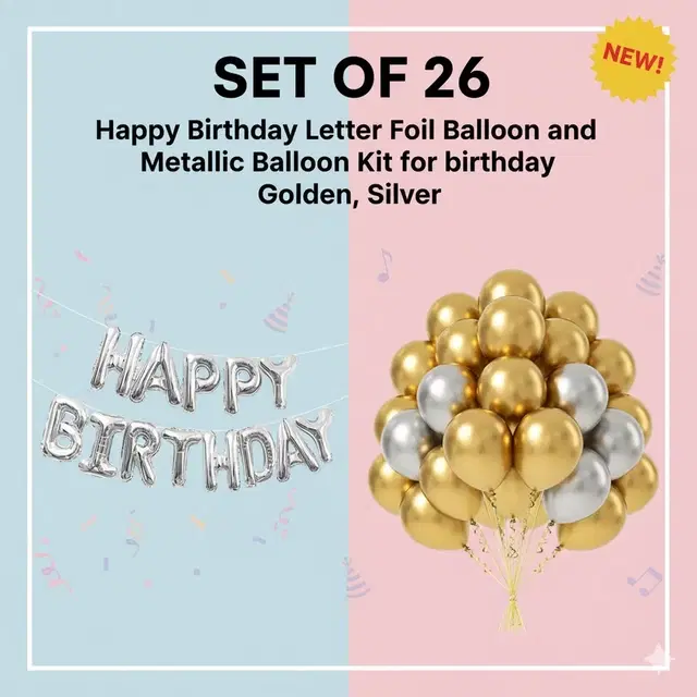 Happy Birthday Letter Foil Balloon and Metallic Balloon Kit for birthday (Set of 26) Golden,Silver