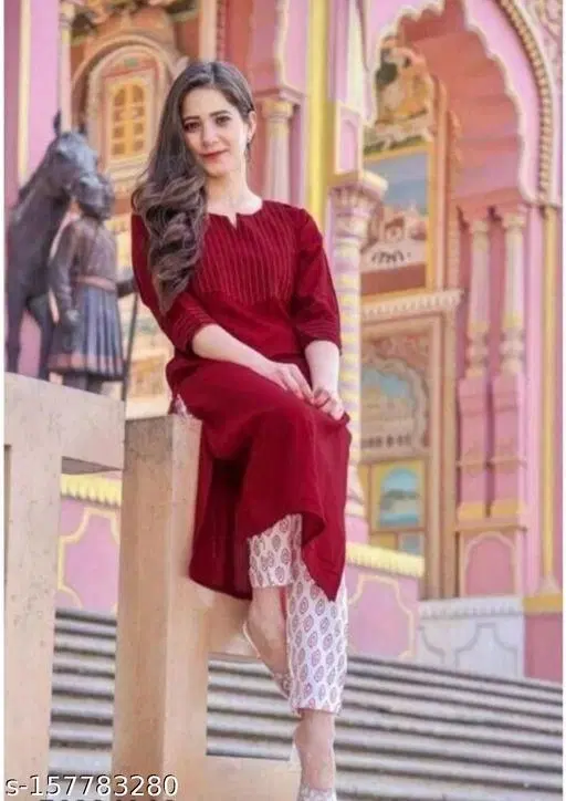 Rayon Printed Kurta with Pant for Women, Red & White (XXS)