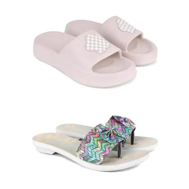 Combo of Sliders & Flats for Women, Set of 2 (Multicolor, 5)