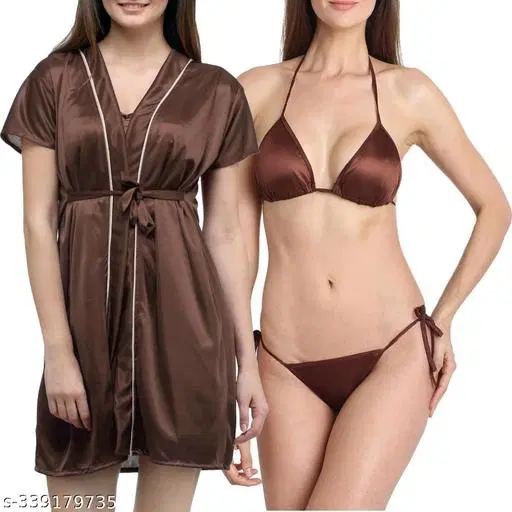 Satin Solid Babydoll for Women, Brown (XL)