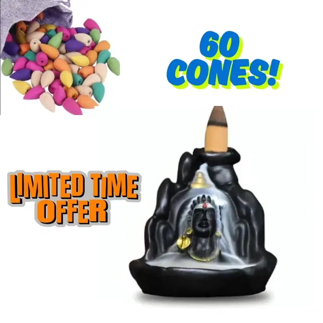 Poly Resin Shiva Murti Showpiece with 60 Pcs Backflow Smoke Cones, Black, Set of 1