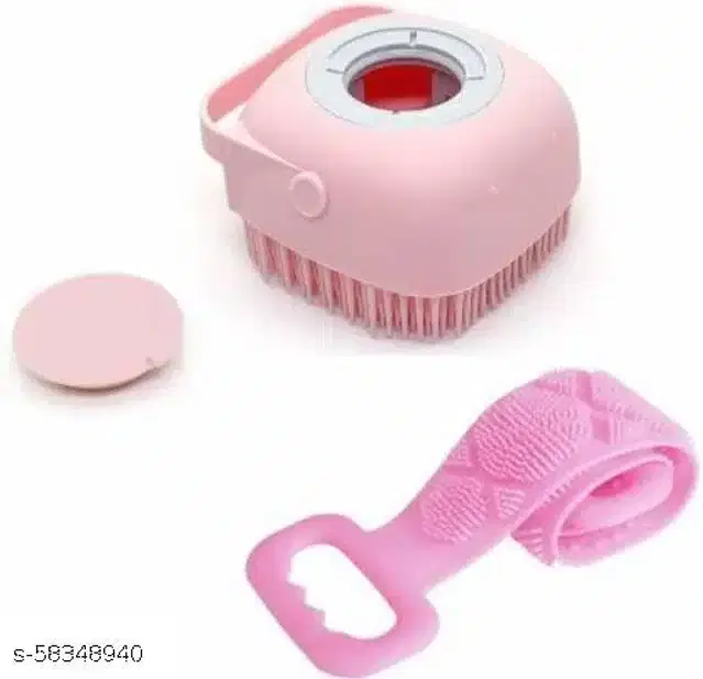 Silicone Body Scrubber with Bath Brush, Pink, Set of 2