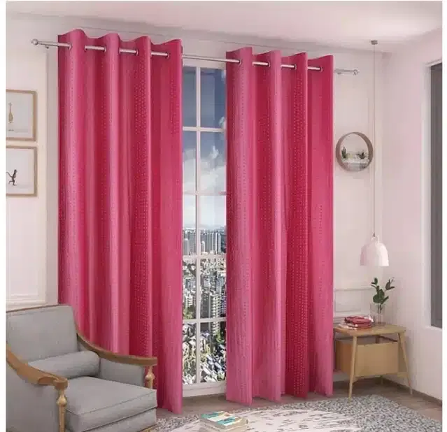 Polyester Embroidered Window & Door Curtains, Pack of 2, Pink, 5 feet