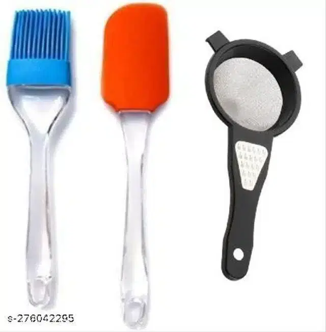 Oil Brush with Tea Strainer & Spatula, Multicolor, Set of 3