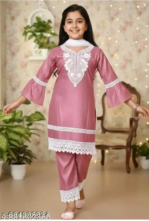 V Neck Rayon Kurta Set for Girls (Pink, 6-7 Years)