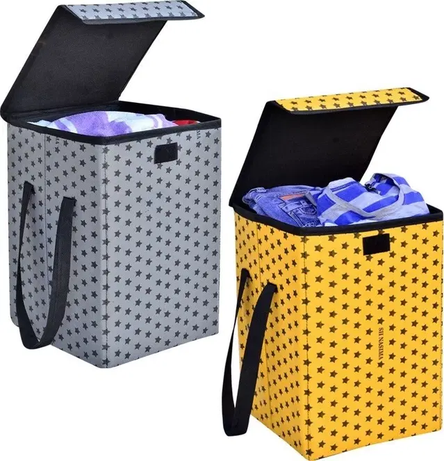 Canvas Laundry Basket,Grey & Yellow,  (Pack Of 2)