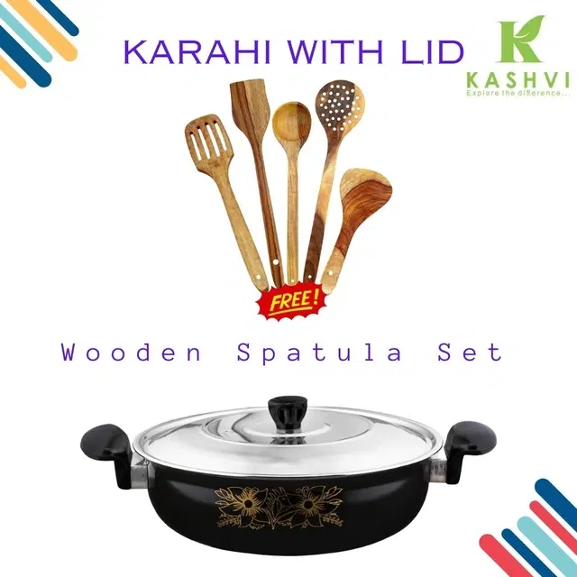 Cast Iron Kadai with 5 Pcs Spatula Set, Multicolor, Set of 2
