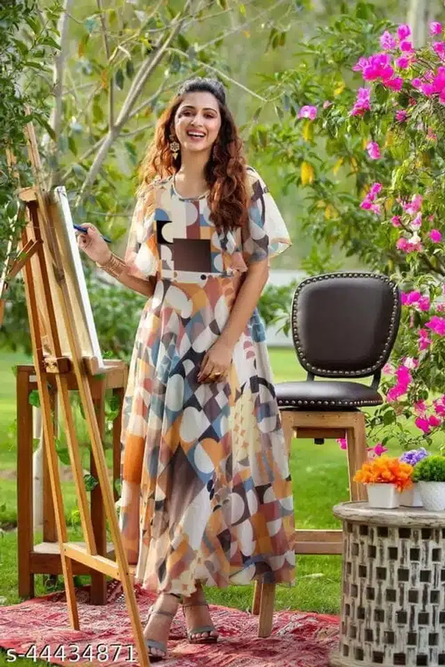 Women's Printed Anarkali Flared Gown (Multicolor, M)