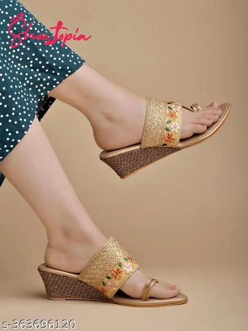 [75] Gold Embellished Wedge Sandals for Women (IND-6)