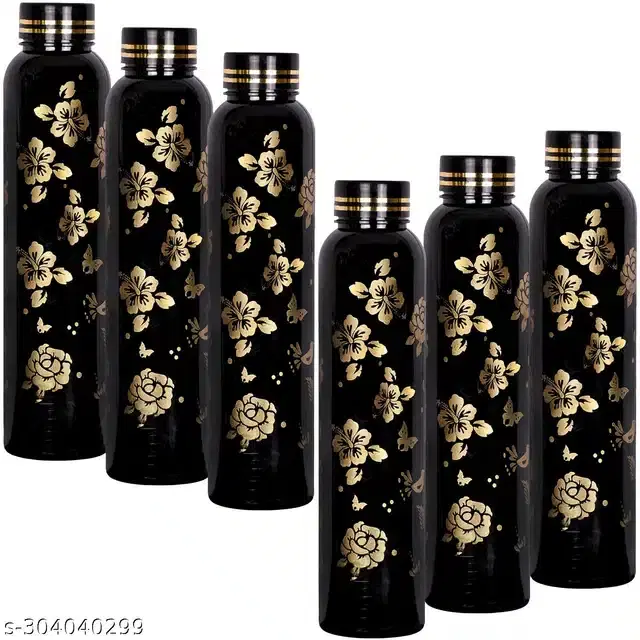 Plastic Water Bottles Set, Pack of 6, Black, 1000 ml
