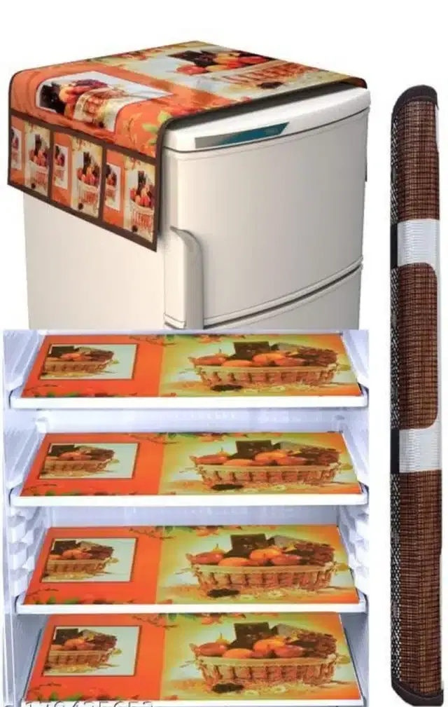 Knit Printed Fridge 4 Pcs Mat with Handle & Top Cover, Multicolor, Set of 1