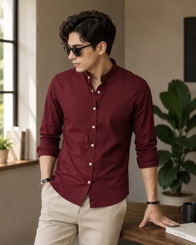 Cotton Blend Solid Shirt for Men, Maroon (S)