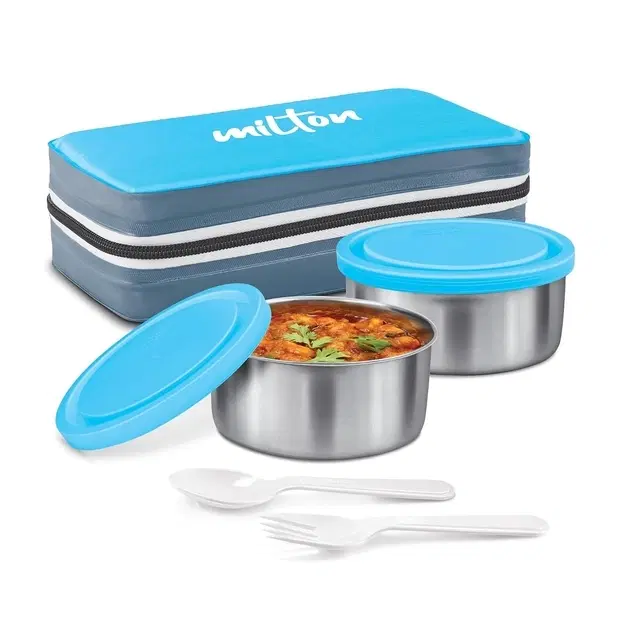 Milton New Mini Lunch Insulated Tiffin with 2 280 ml Each, Light Blue 2 Containers Stainless Steel Office Lunch Box (560 ml)