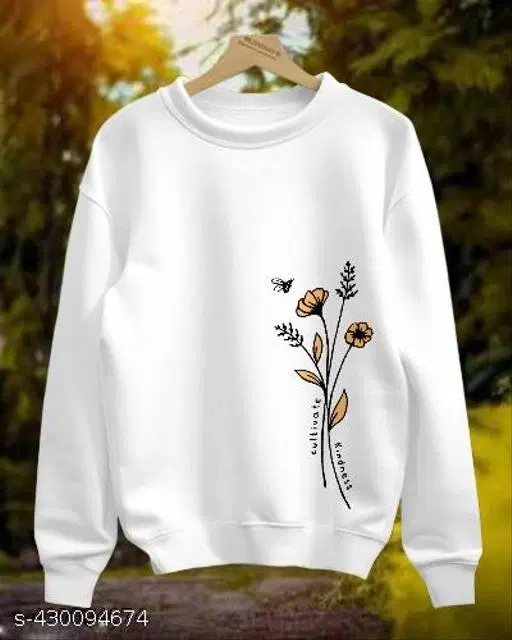 Cotton Printed Sweatshirt for Women (White, L)