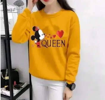 Round Neck Printed Sweatshirt for Women (Yellow, M)