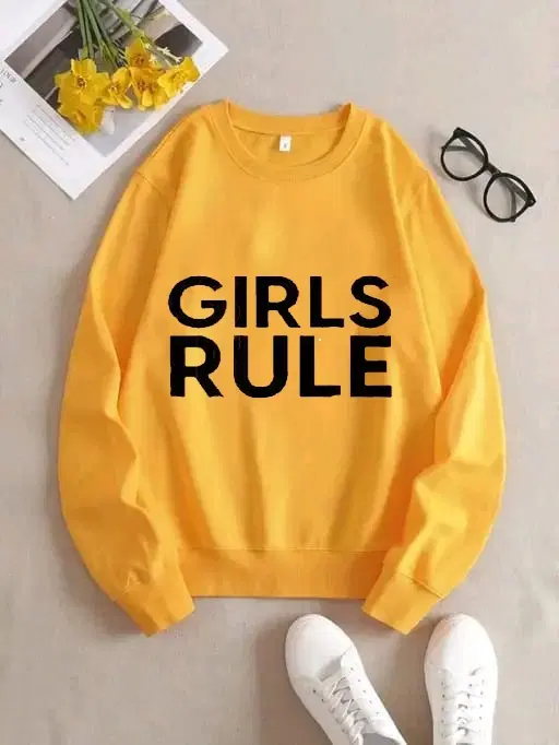 Fleece Printed Sweatshirt for Women (Yellow, S)