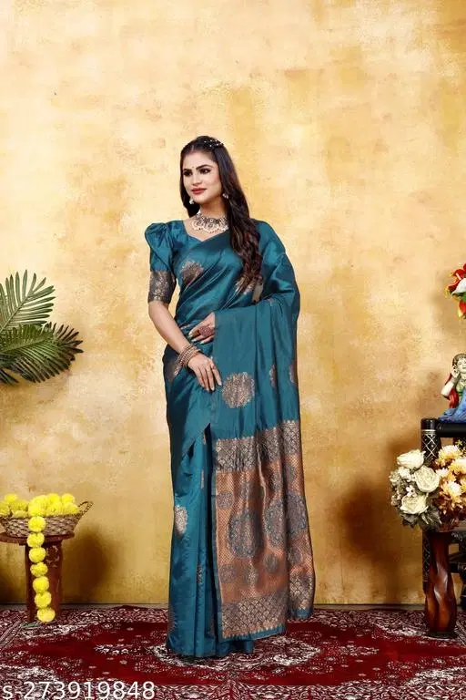 Banarasi Silk Saree for Women (Blue, Free Size)