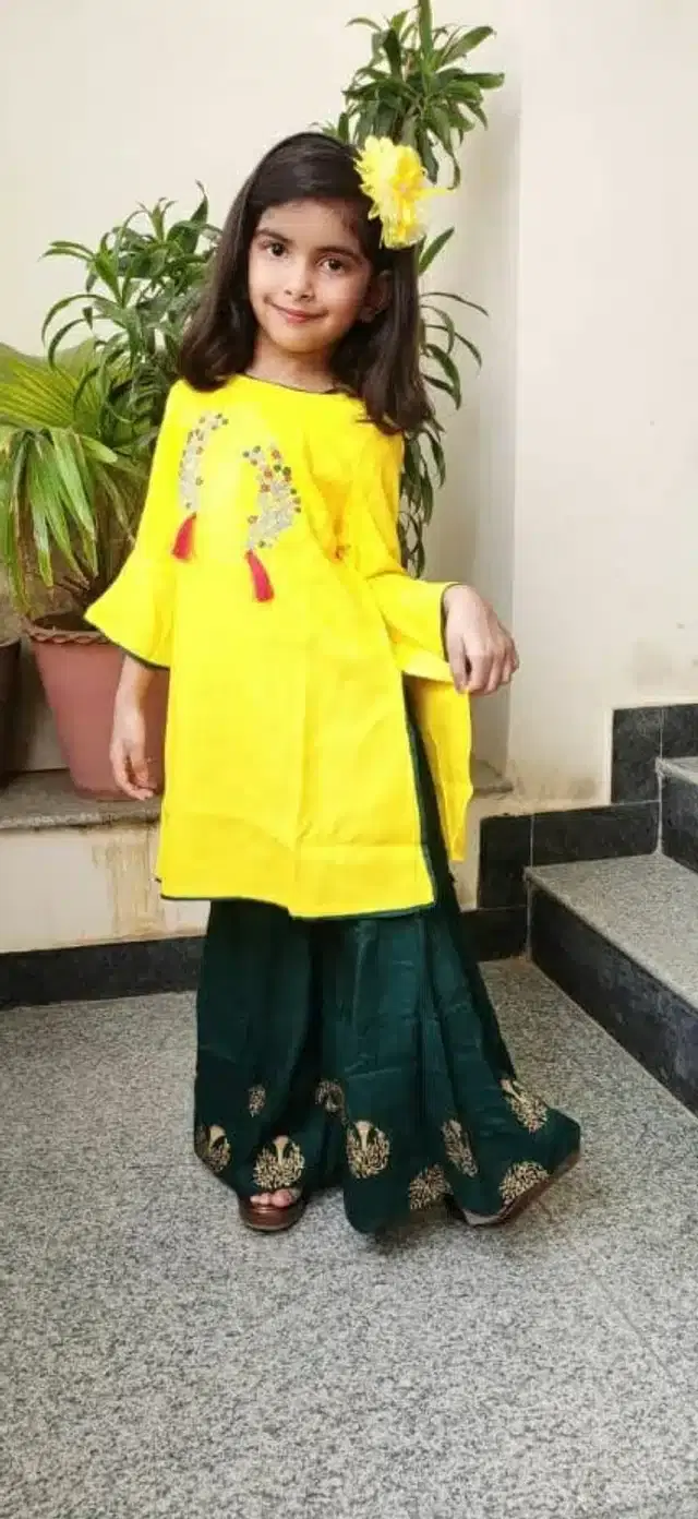Rayon Embroidered Kurti with Sharara Set for Girls (Yellow & Green, 4-5 Years)