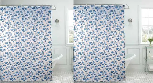 Waterproof Shower Curtain for Bathroom with 16 Hooks, Blue, Set of 2, W-112