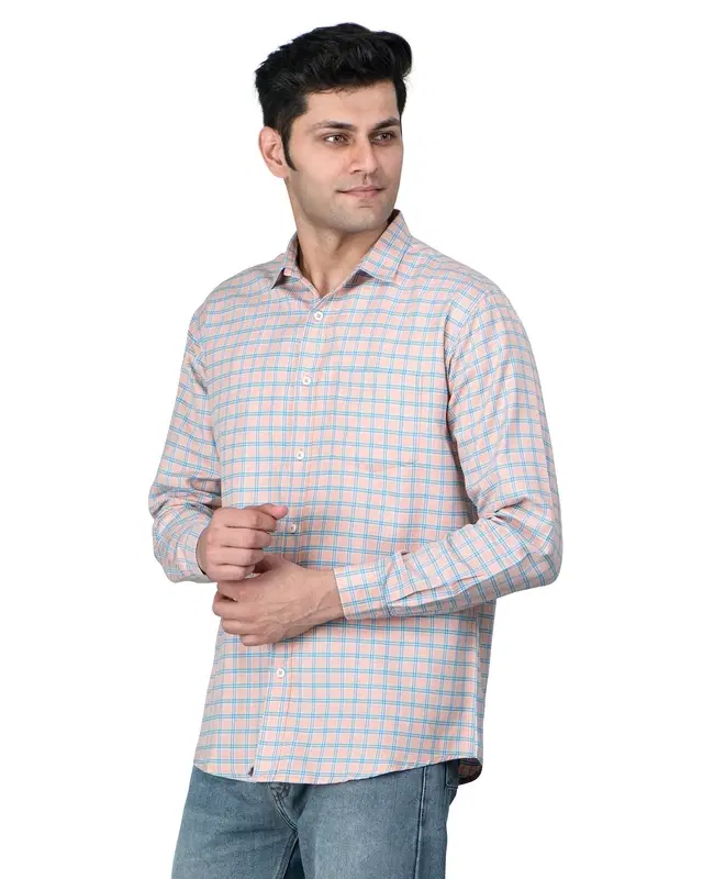 Cotton Blend Full Sleeves Chequered Shirt for Men, Blue (L)
