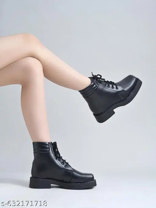 Solid Mid-Top Heeled Boots for Women Black (3)