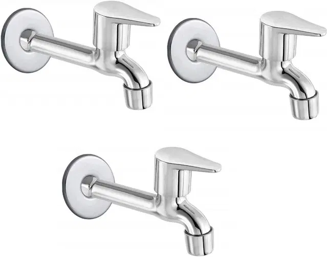 Stainless Steel Long Body Bib Cock Tap with Wall Flange, Silver, Set of 3