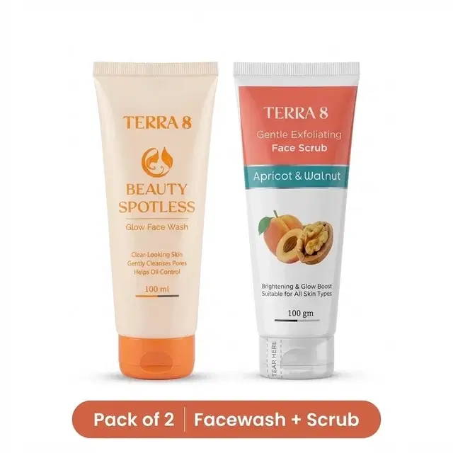 Terra 8 Beauty Spotless Glow Facewash 100g (Tube) and Terra 8 Face Scrub (Apricot & Walnut) 100g