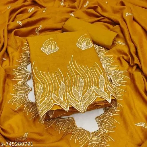 Chanderi Embroidered Unstitched Suits for Women (Mustard, XXL)